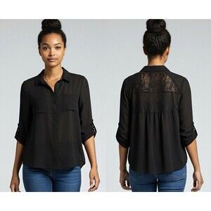 Papaya Black Lace Back Button-Up Blouse Collared 3/4 Roll Tab Sleeve Size L